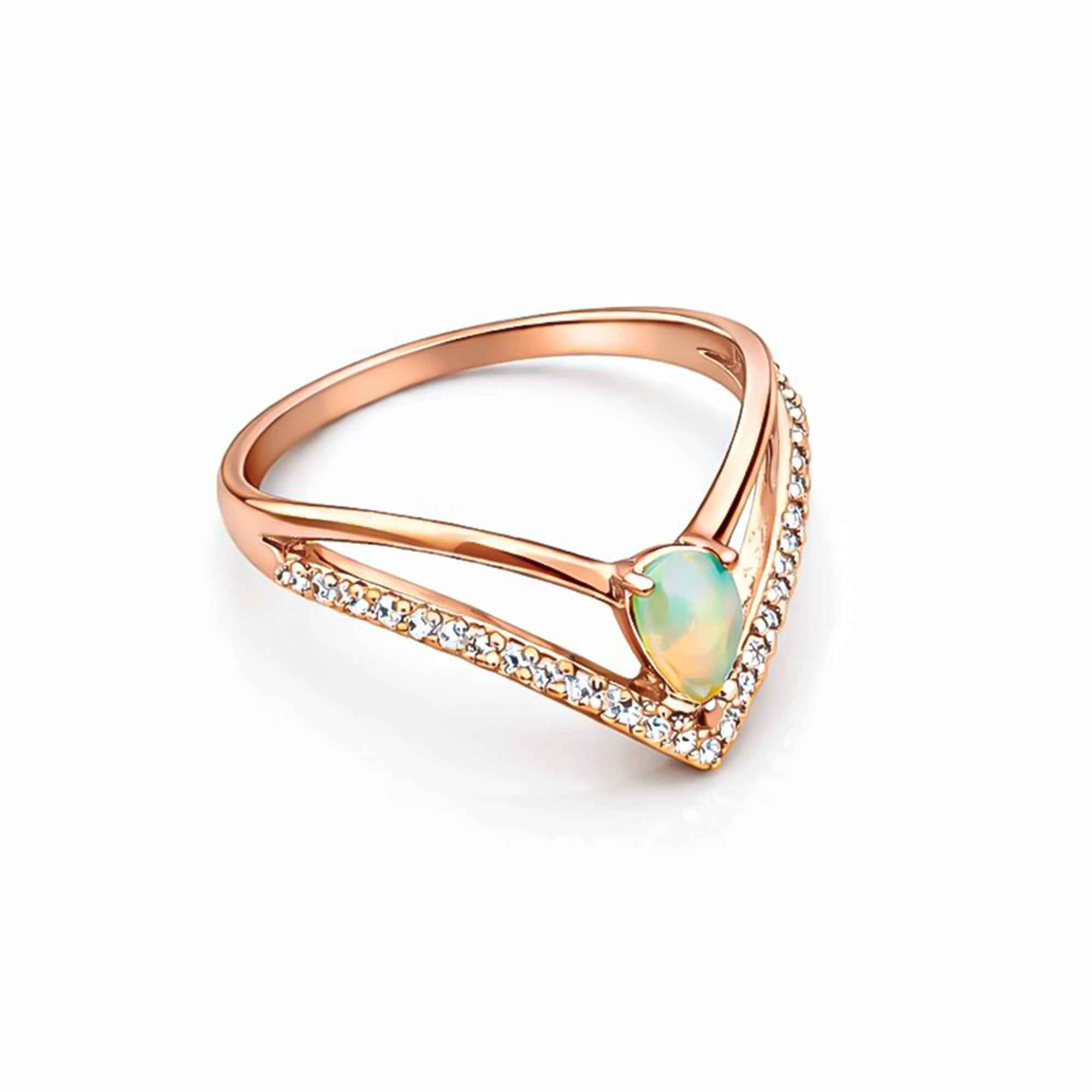 Ethiopian opal ring with 4x6mm pear-shaped cabochon set in sterling silver, handmade elegant jewelry for women.