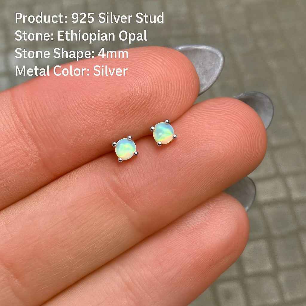 Opal Stud Earrings – Natural Opal Cabochon Studs in 925 Sterling Silver, Minimalist