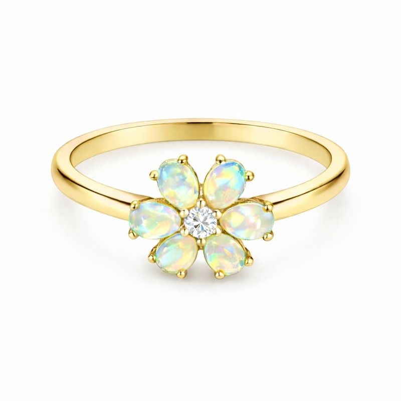 White Ethiopian Opal Zircon opal ring with 3x5mm oval cabochon, sterling silver halo style jewelry by Himalya Quartz