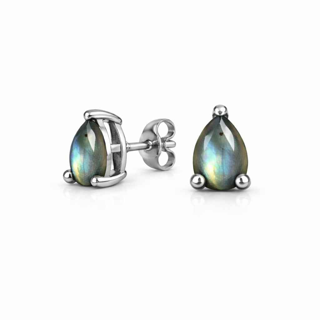 Natural Labradorite Pear Stud Earrings in 925 Sterling Silver, Minimalist Gemstone Jewelry Gift