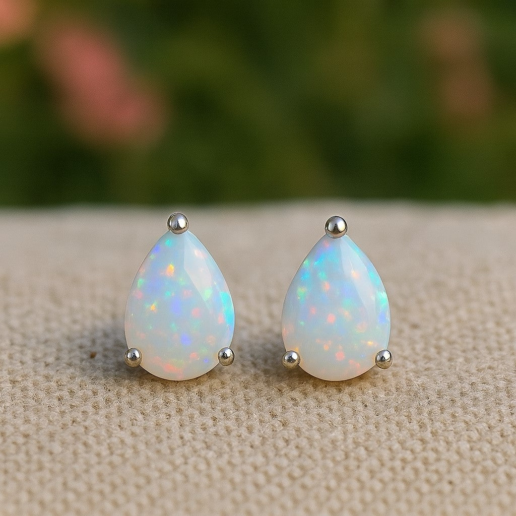 Himalya Quartz silver stud earrings with natural pear-shaped opal cabochons, minimalist design in 925 sterling silver.