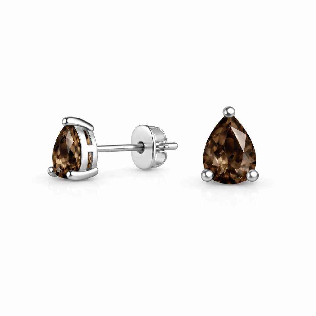 Natural Smoky Quartz 4x5mm Pear Cut Stud Earrings in 925 Sterling Silver