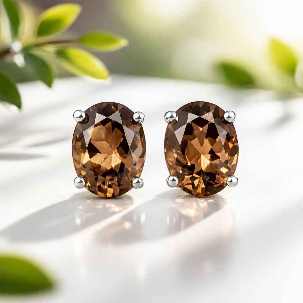 Natural Smoky Quartz 8x10mm Oval Cut Stud Earrings in 925 Sterling Silver – Gemstone Studs