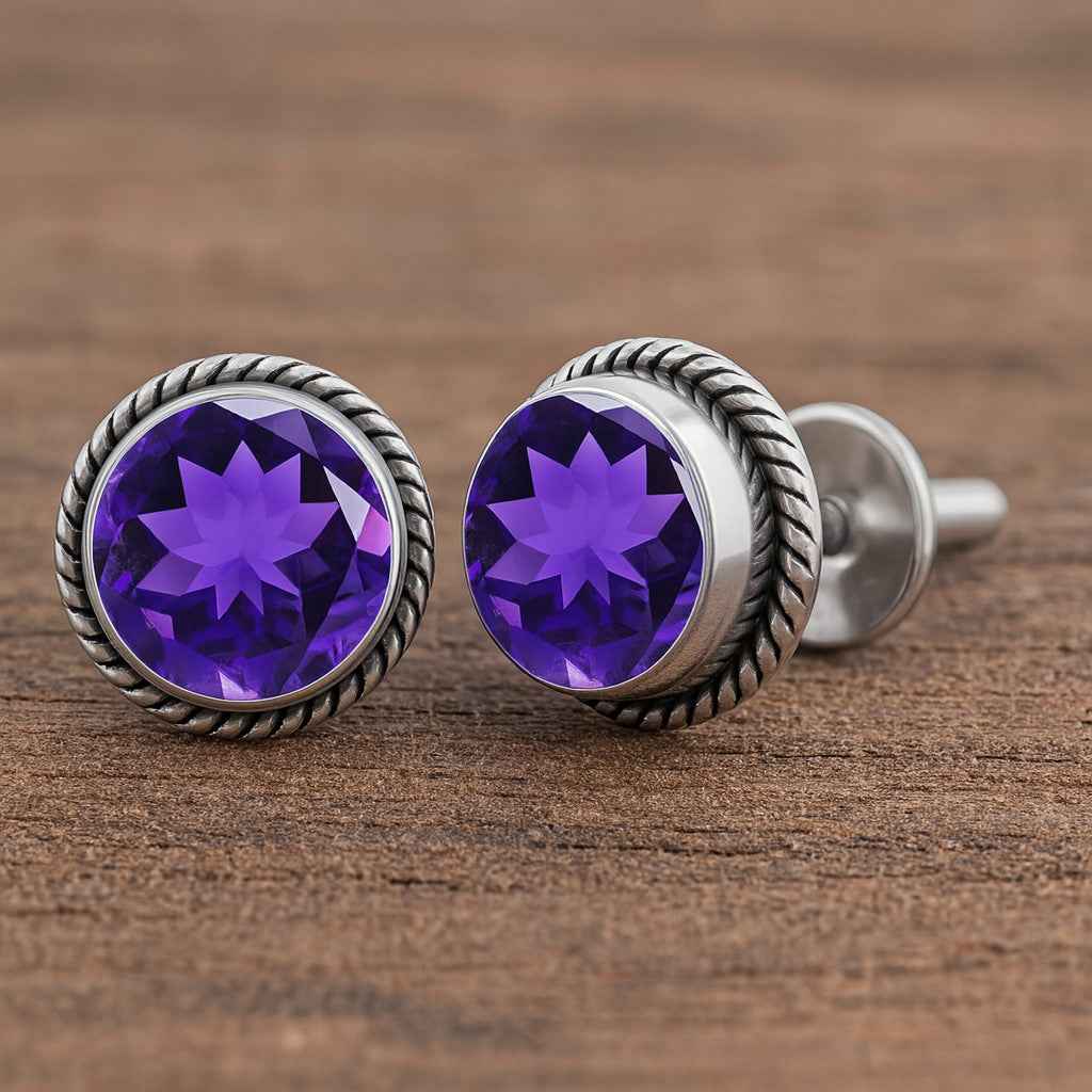 Natural Amethyst 6mm Round Cut Stud Earrings in 925 Sterling Silver – Gemstone Studs