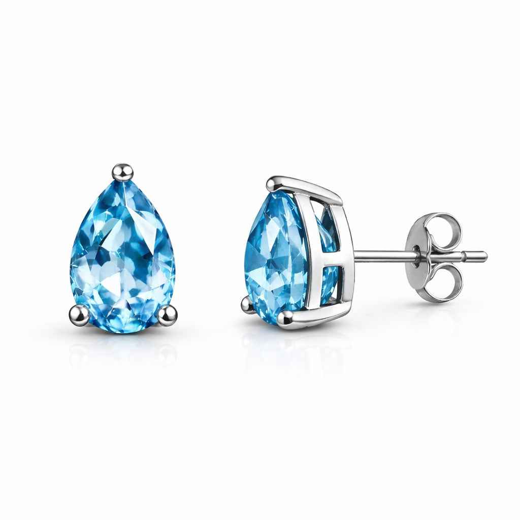 Natural Pear Blue Topaz Stud Earrings in 925 Sterling Silver, Minimalist Gemstone Gift for Women