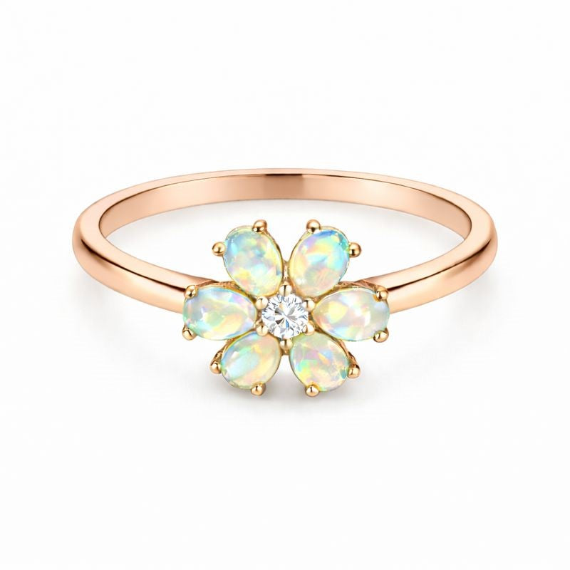 White Ethiopian Opal Zircon ring featuring 3x5mm oval cabochon with sterling silver halo setting, stylish jewelry by Himalya Quartz.