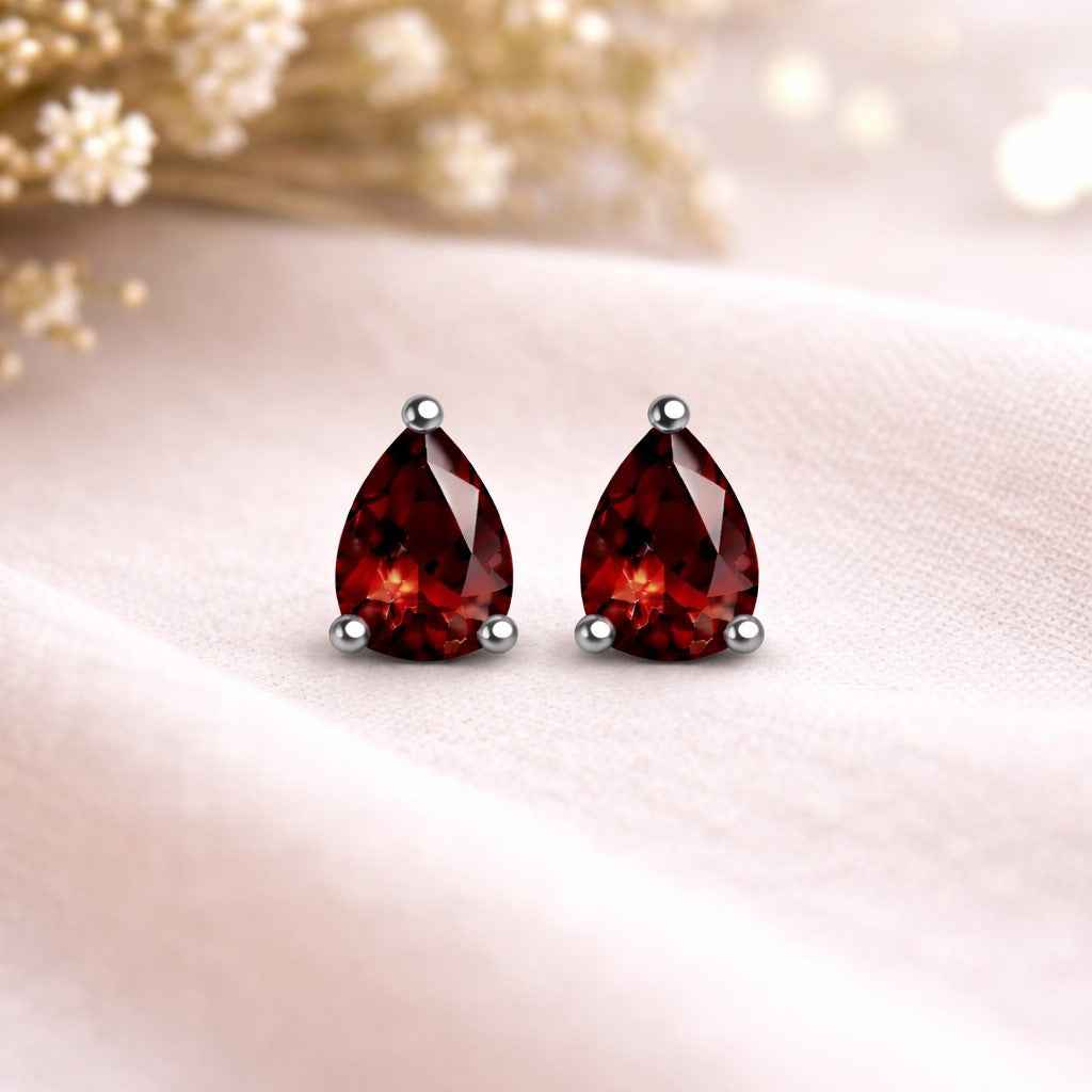 Natural Garnet Pear Cut Stud Earrings in 925 Sterling Silver, Prong Studs for Women