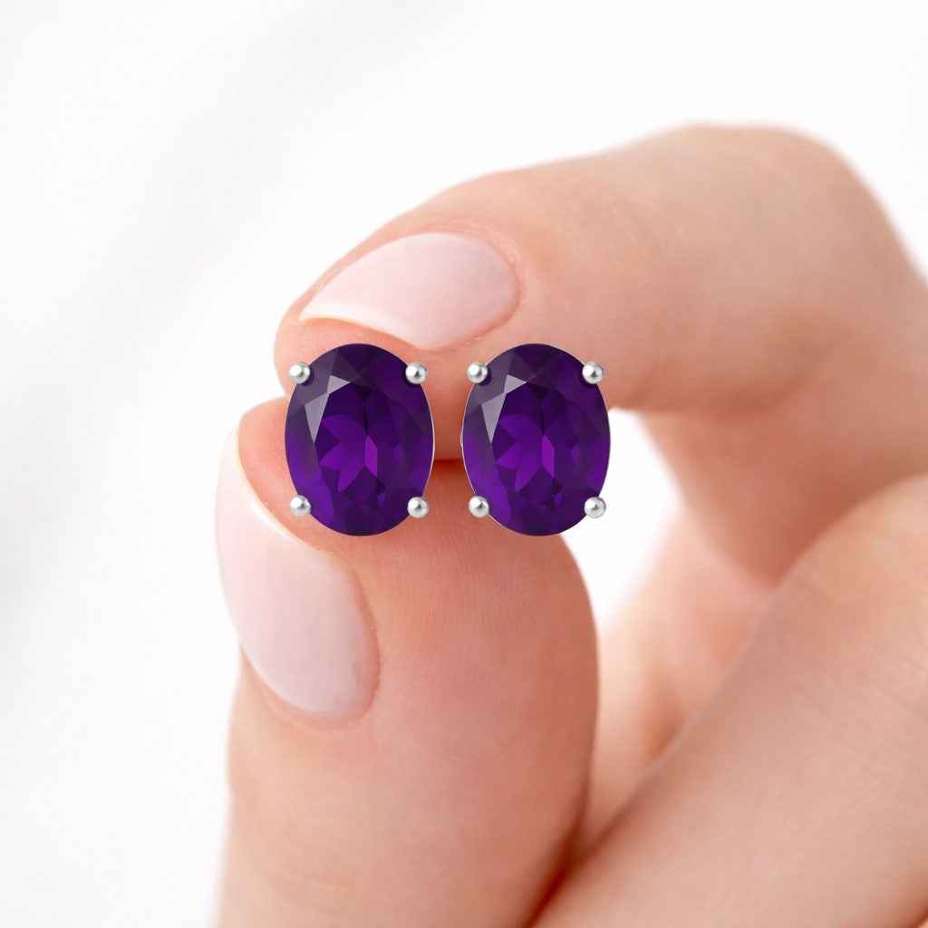 Natural Amethyst 8x10mm Oval Cut Stud Earrings in 925 Sterling Silver – Gemstone Studs