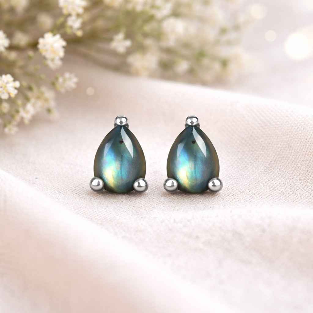 Natural Labradorite Pear Stud Earrings in 925 Sterling Silver, Minimalist Gemstone Jewelry Gift