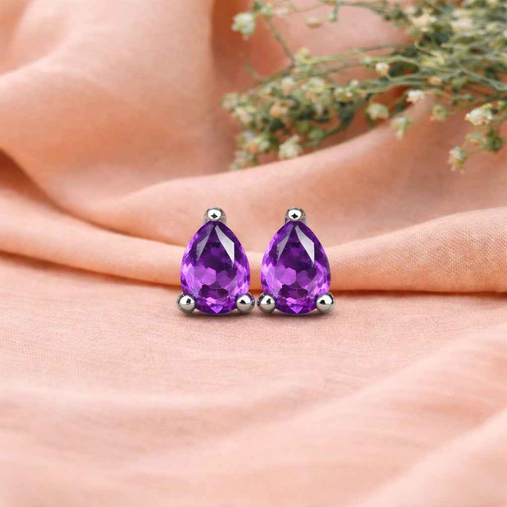 Natural Amethyst Pear Cut Stud Earrings in 925 Sterling Silver – Gemstone Studs