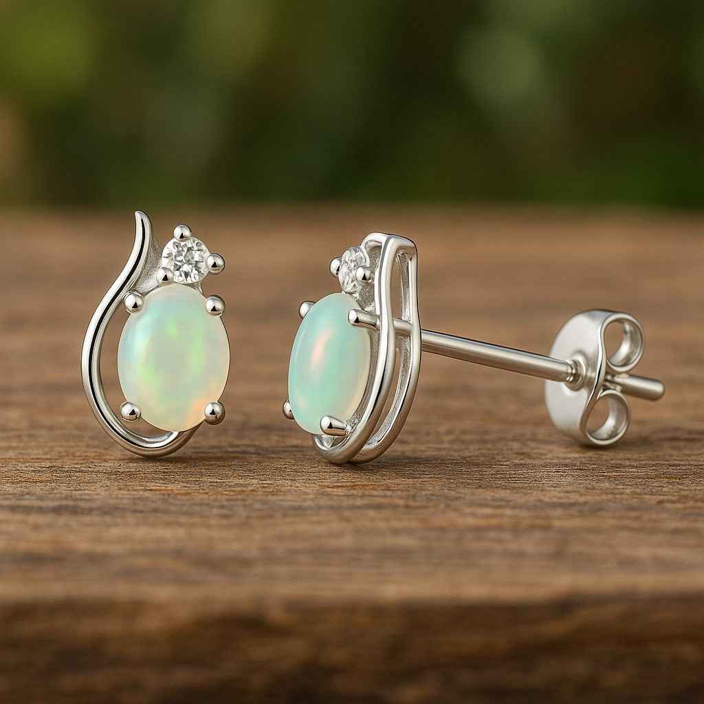Opal With Zircon Stud Earrings – Natural Opal Studs in 925 Sterling Silver,Opal Earrings