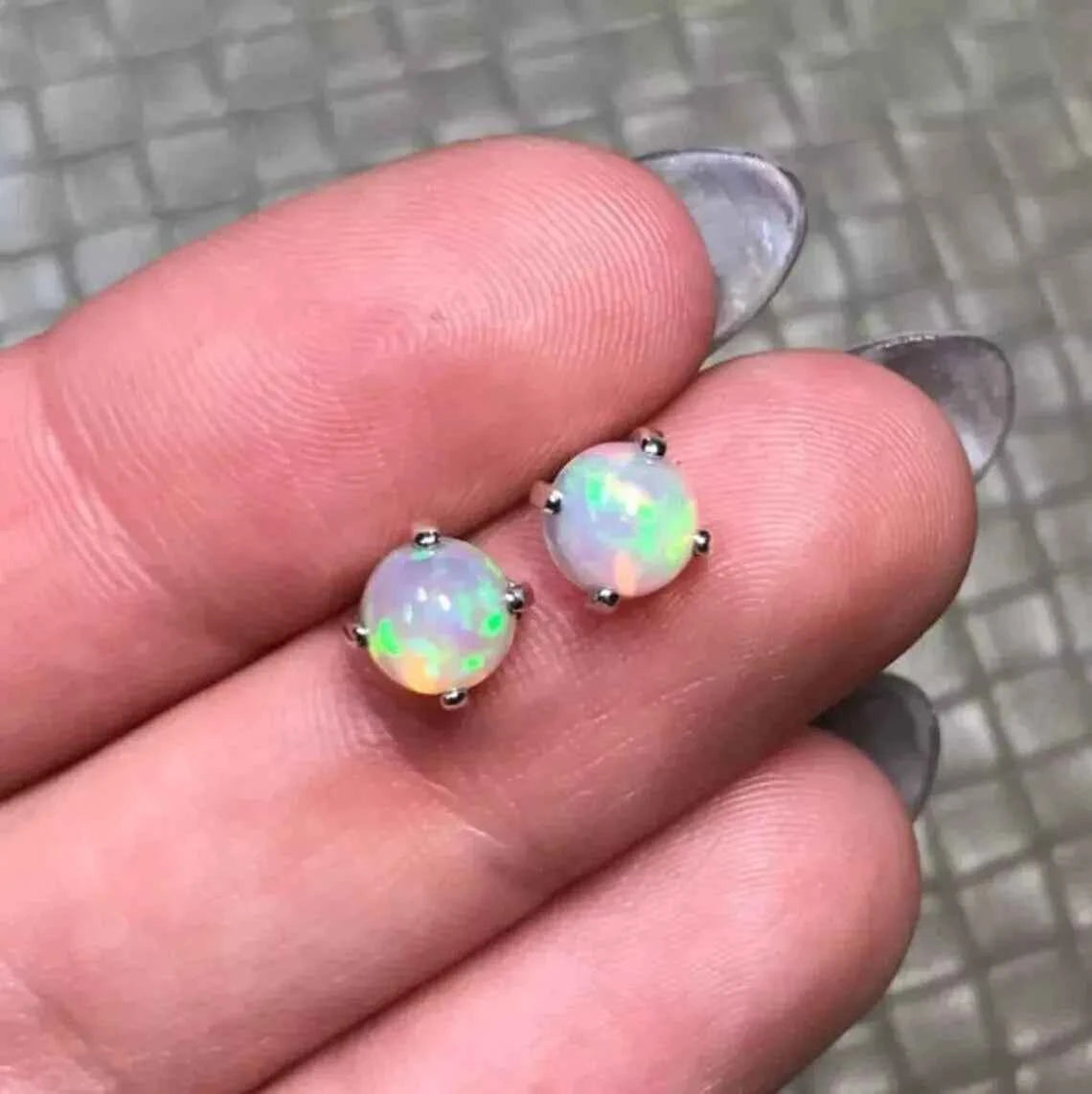 Opal Stud Earrings – Natural Opal Cabochon Studs in 925 Sterling Silver, Minimalist