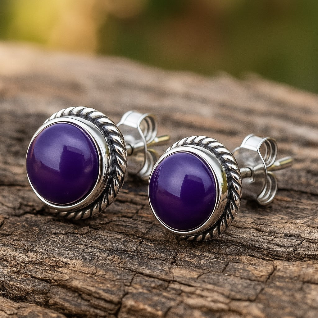 Natural amethyst 6mm round cabochon silver stud earrings in 925 sterling silver, featuring gemstone gemstone studs.