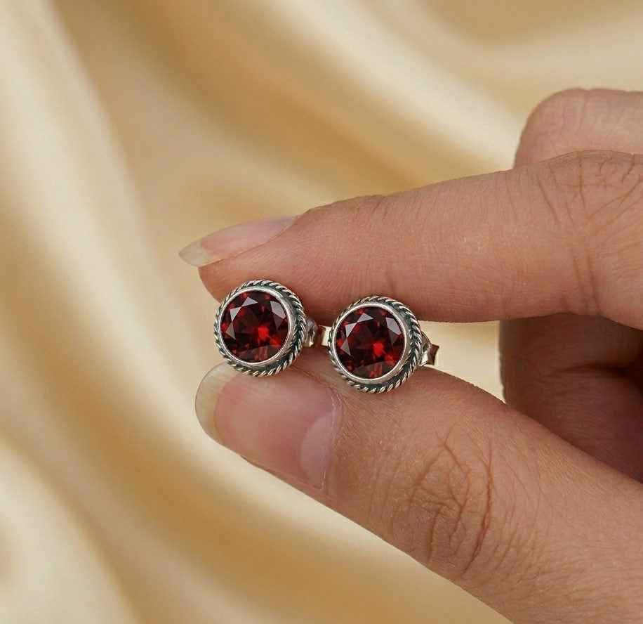 Natural Garnet 6mm Round Cut Stud Earrings in 925 Sterling Silver Gemstone Studs