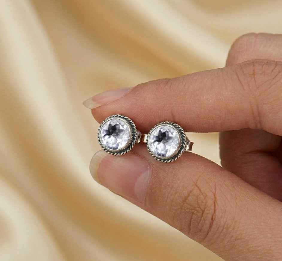 Natural Crystal 6mm Round Cut Stud Earrings in 925 Sterling Silver – Clear Gemstone Studs