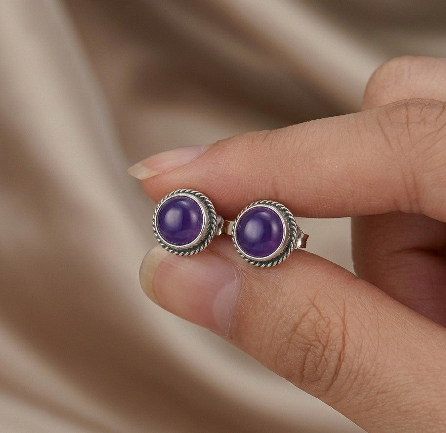 Natural Amethyst 6mm round cabochon gemstone silver stud earrings in 925 sterling silver by Himalya Quartz