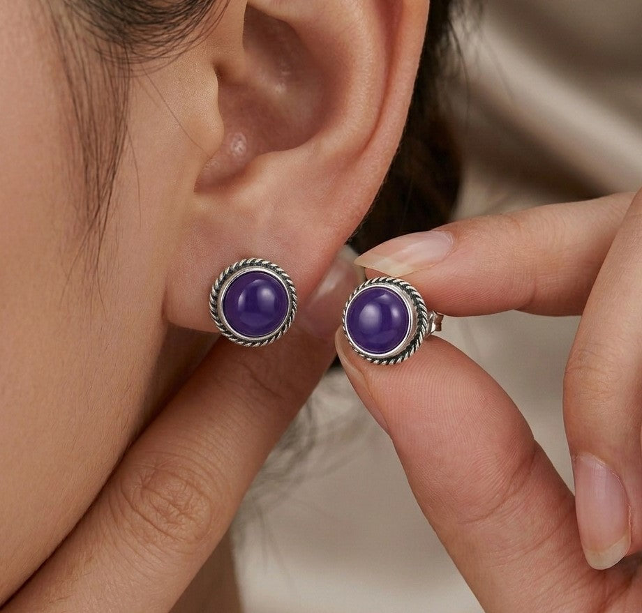 Natural amethyst 6mm round cabochon silver stud earrings in 925 sterling silver by Himalya Quartz, gemstone jewelry for women