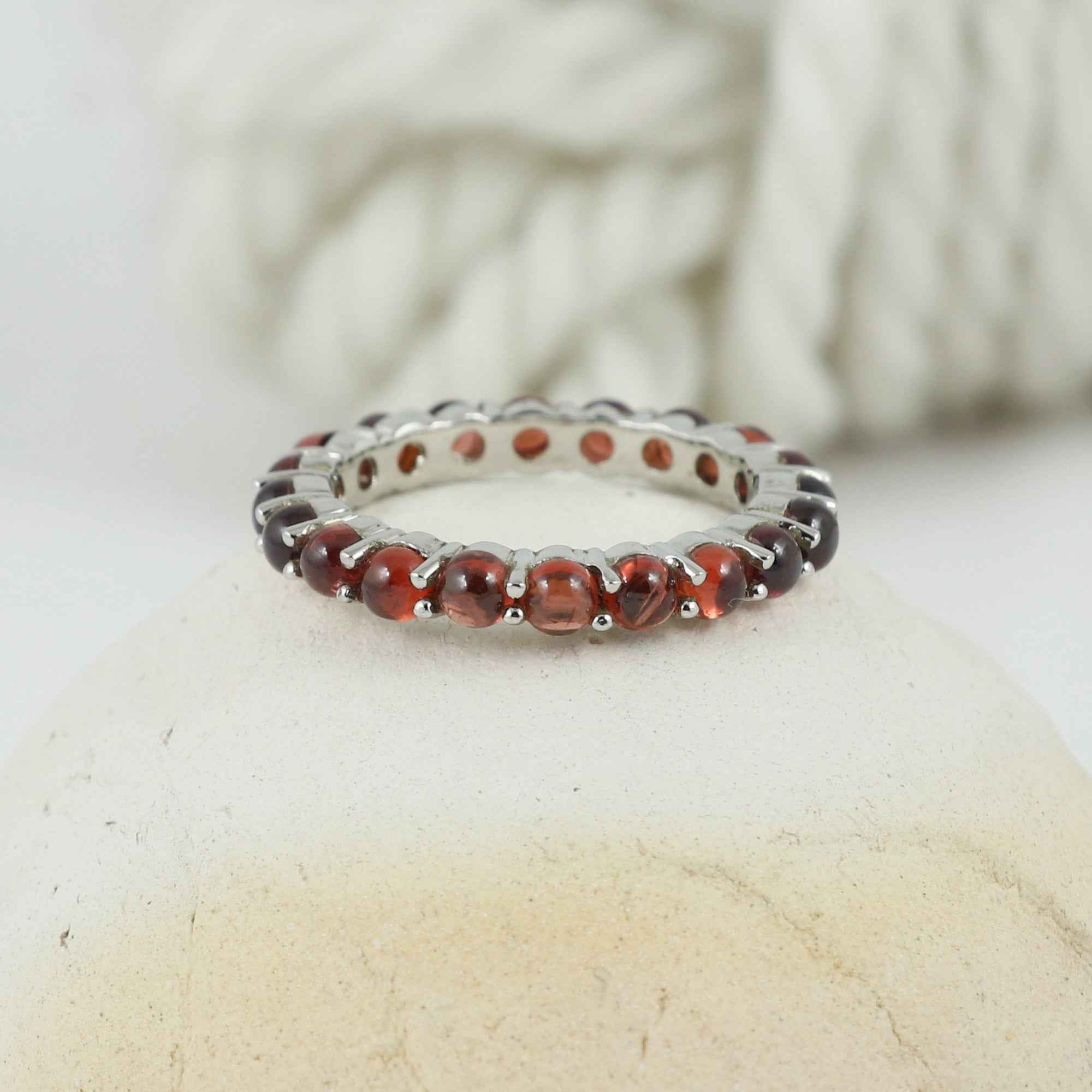 Natural Garnet 3mm Round Cabochon Ring 925 Sterling Silver Handmade Red Gemstone Solitaire Ring