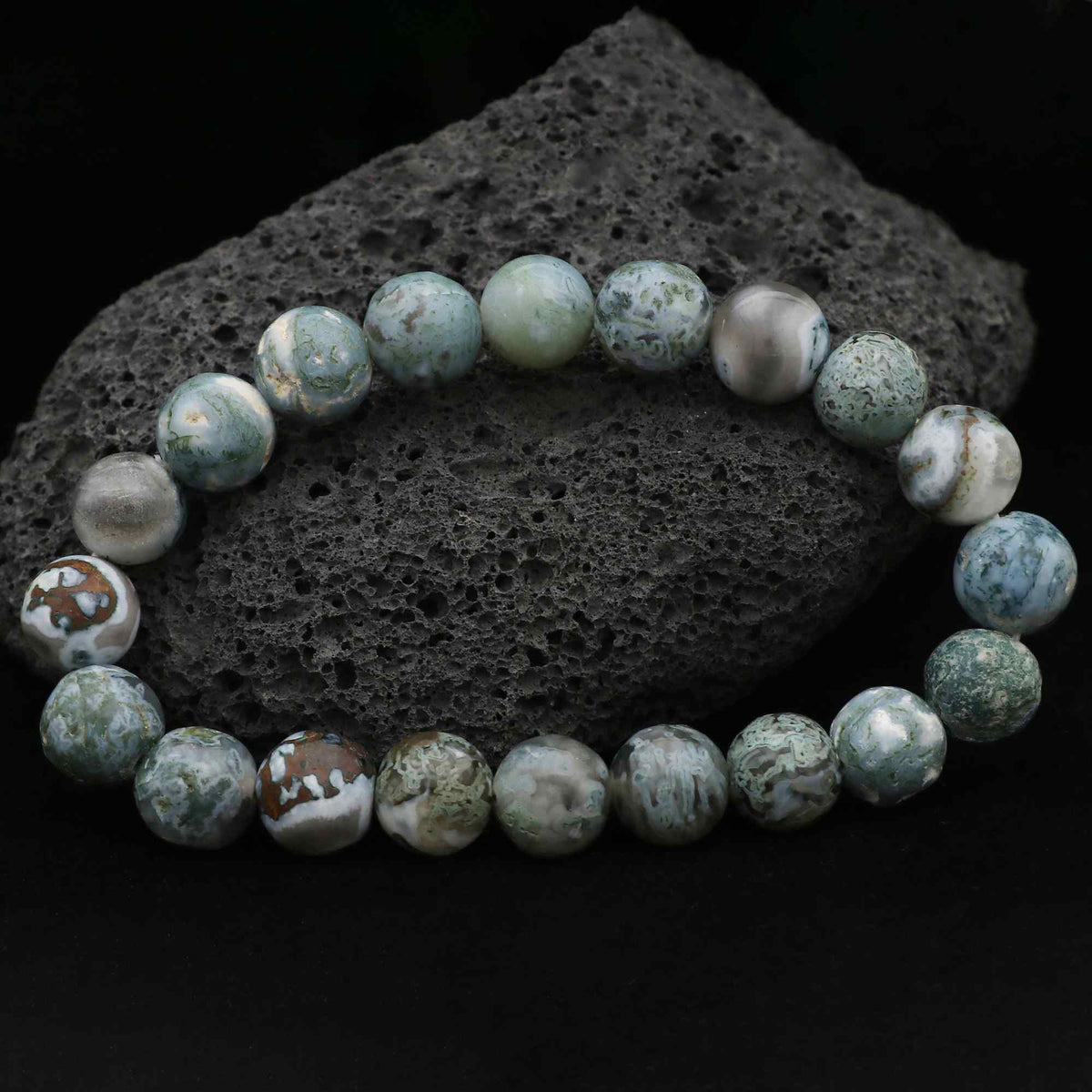 Natural Moss Green Opal Bracelet Round Plain Gemstone Beads Handmade 118 Ct