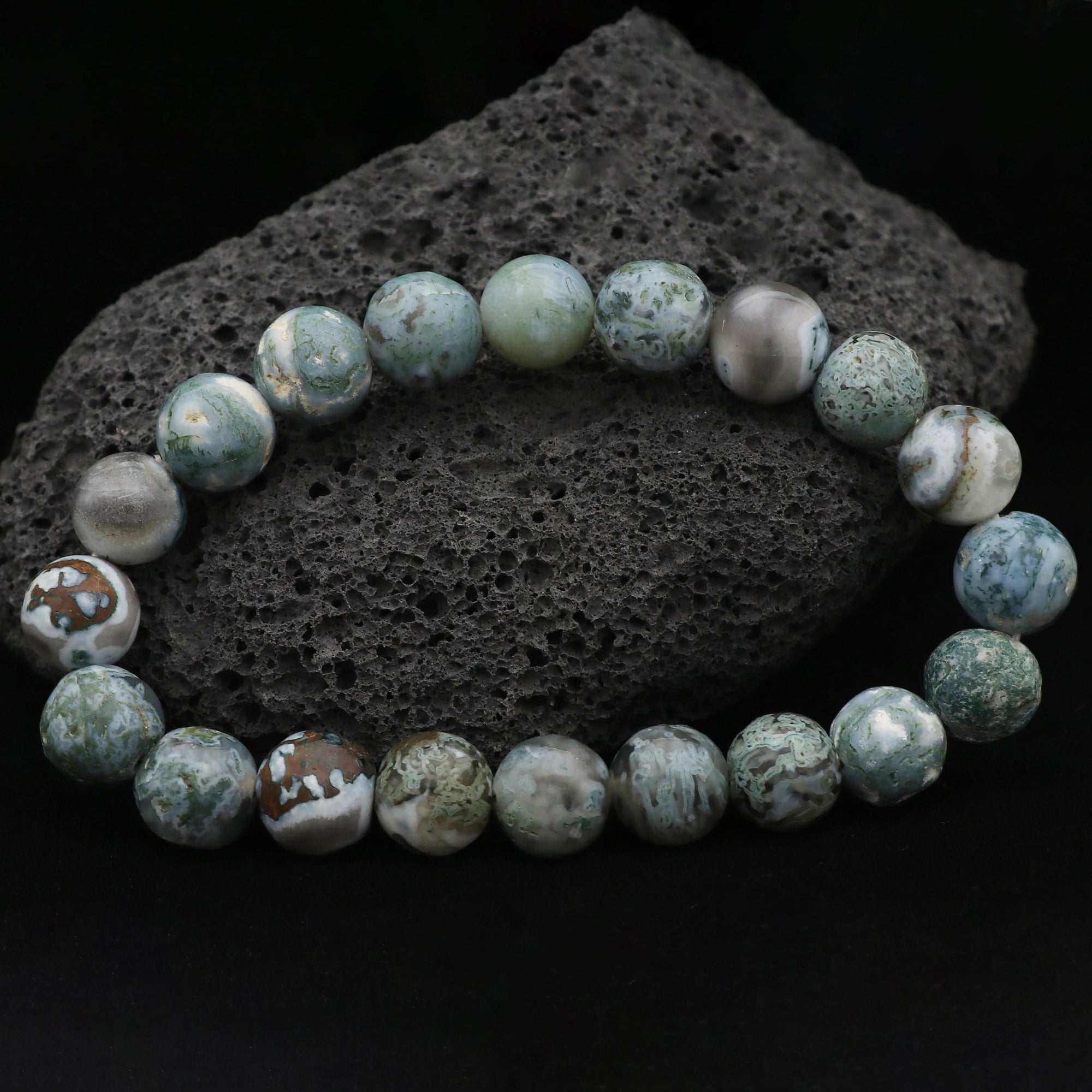 Natural Moss Green Opal Bracelet Round Plain Gemstone Beads Handmade 118 Ct