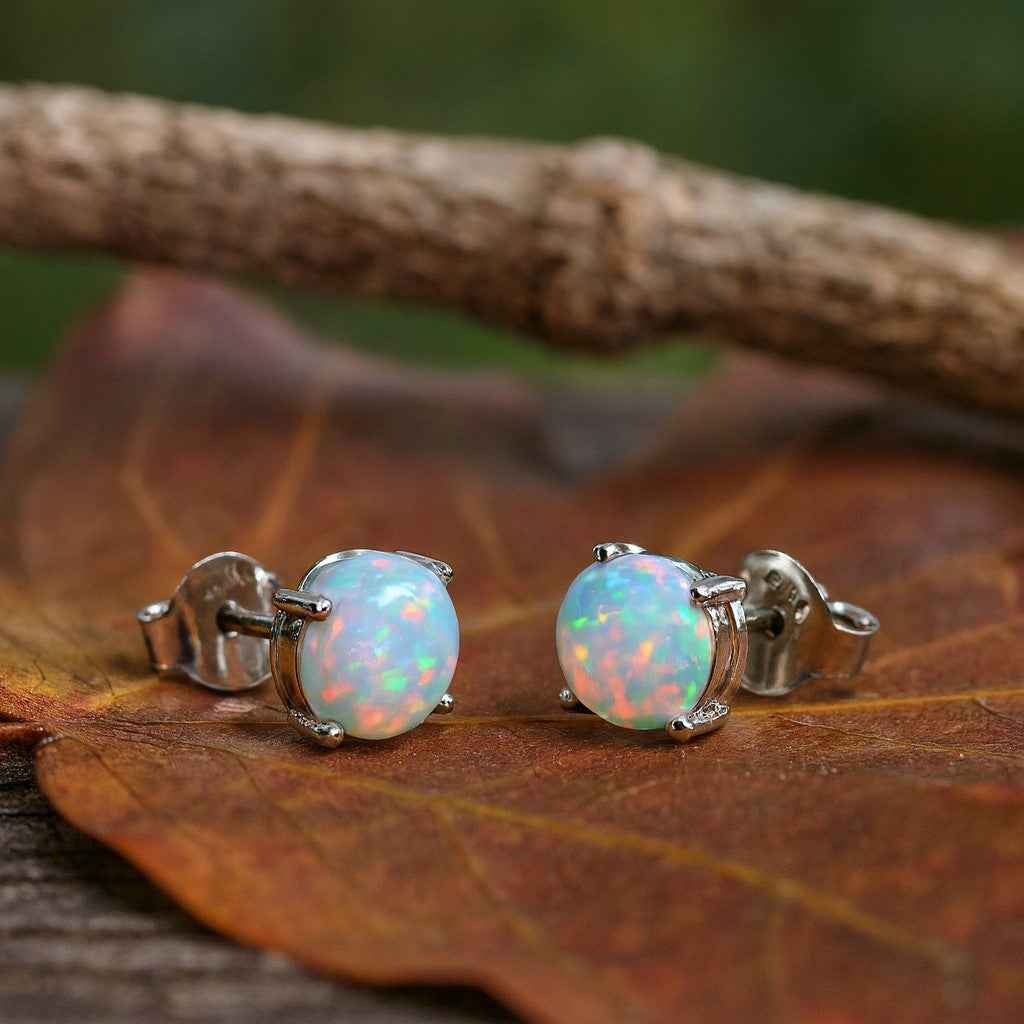 Opal Stud Earrings – Natural Opal Cabochon Studs in 925 Sterling Silver, Minimalist