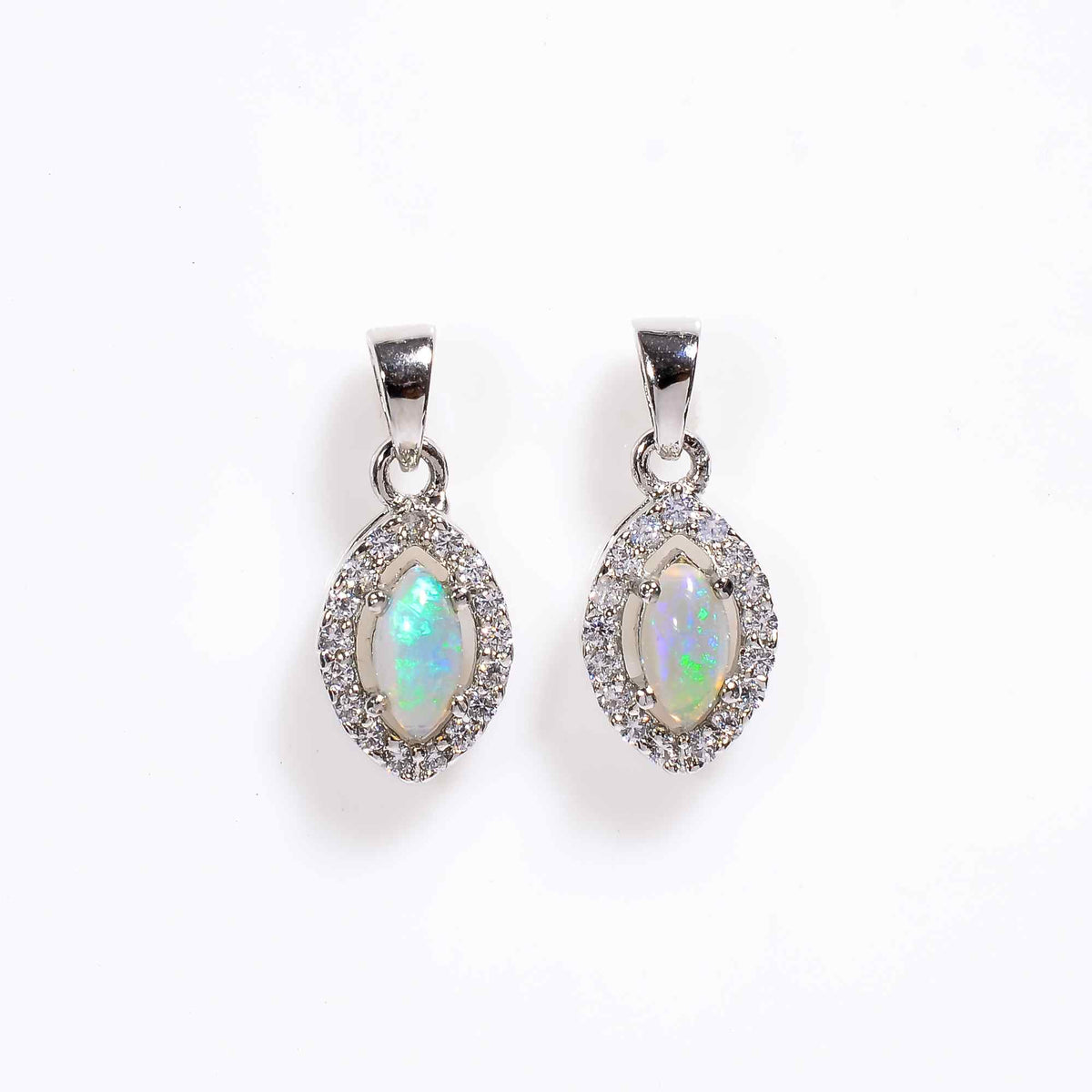 Himalya Quartz opal feather pendant with 4x8mm marquise cabochon in silver, nature-inspired bohemian jewelry accessory