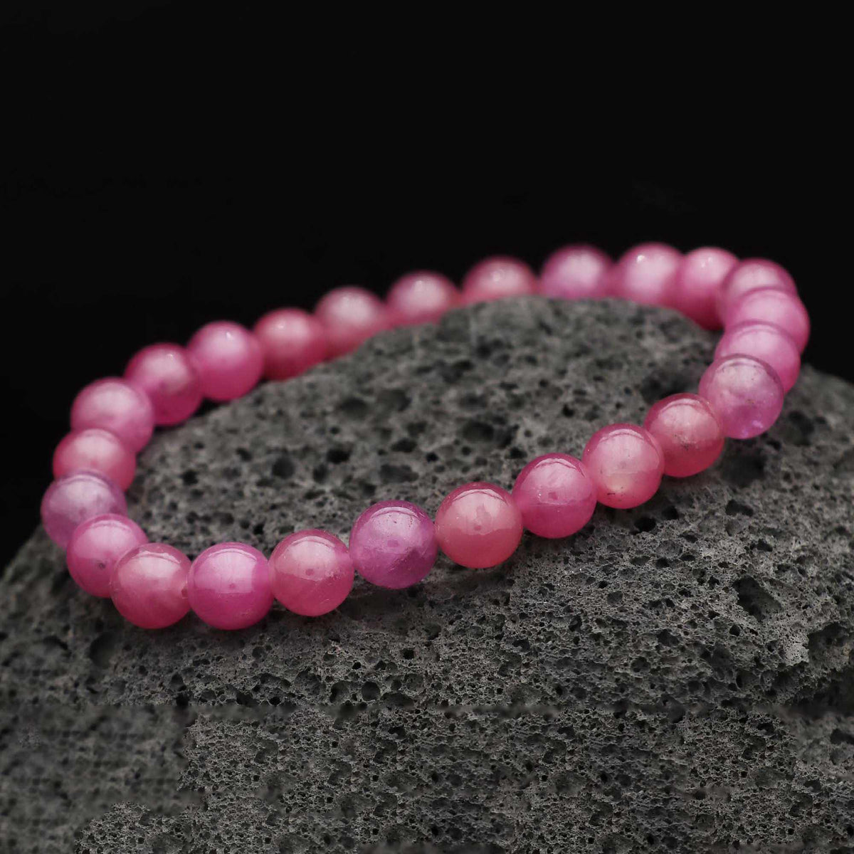 Natural Pink Sapphire Gemstone Bracelet Round Plain Beads Elastic Band Gift for Women 123 Ct