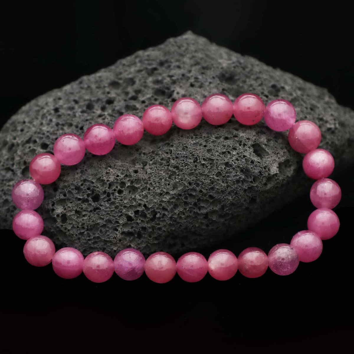 Natural Pink Sapphire Gemstone Bracelet Round Plain Beads Elastic Band Gift for Women 123 Ct