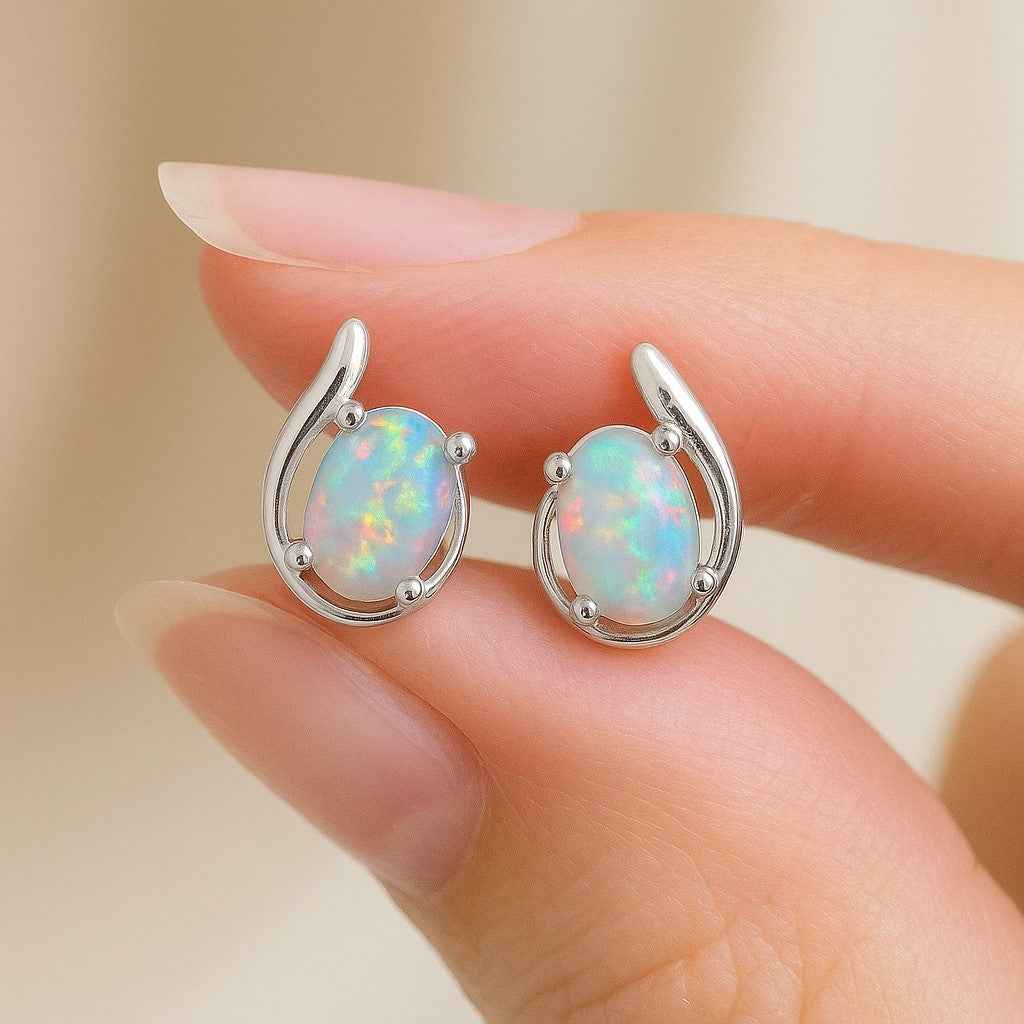 Opal Stud Earrings – Natural Opal Cabochon Studs in 925 Sterling Silver, Minimalist