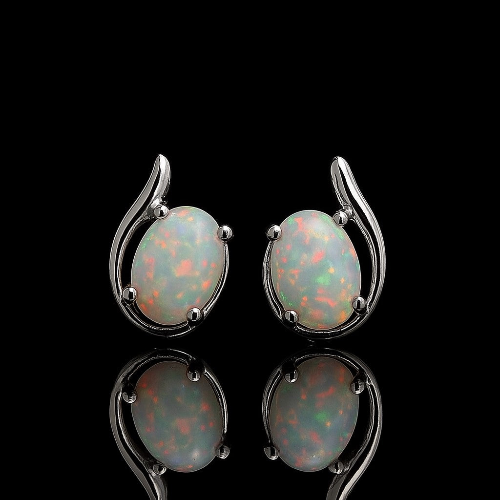 Natural opal cabochon stud earrings in 925 sterling silver, minimalist design by Himalya Quartz.