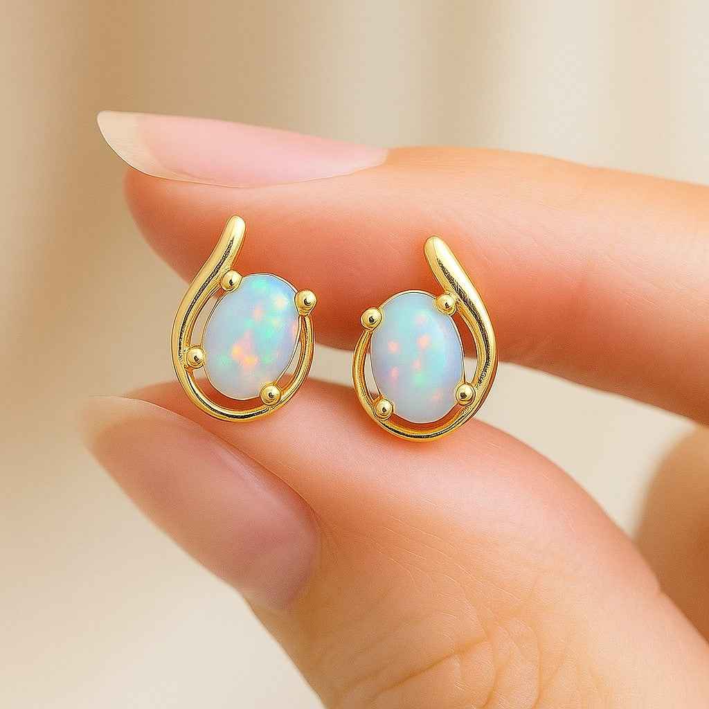 Opal Stud Earrings – Natural Opal Cabochon Studs in 925 Sterling Silver, Minimalist