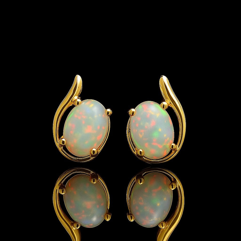 Natural opal cabochon stud earrings in 925 sterling silver by Himalya Quartz, minimalist silver stud jewelry.