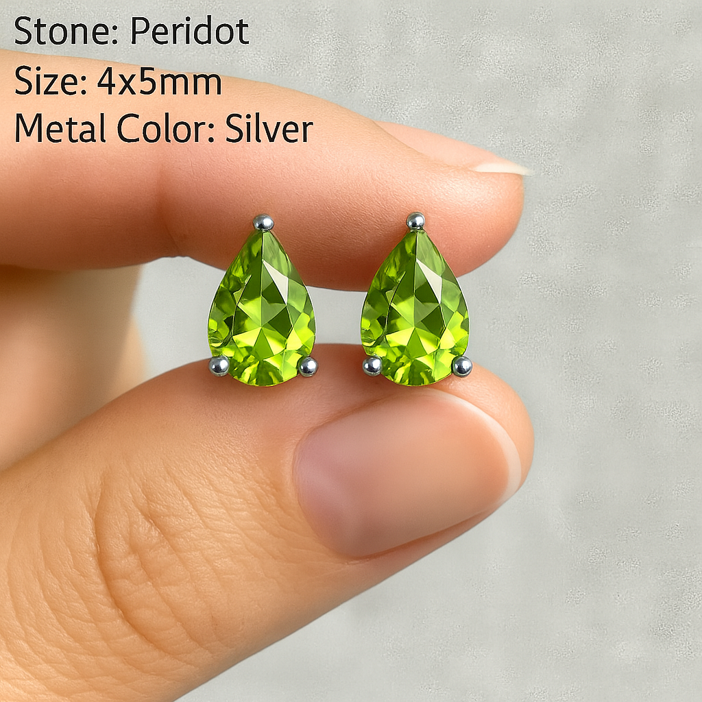 Natural Peridot pear-shaped stud earrings in 925 sterling silver featuring small green gemstone drops for women.