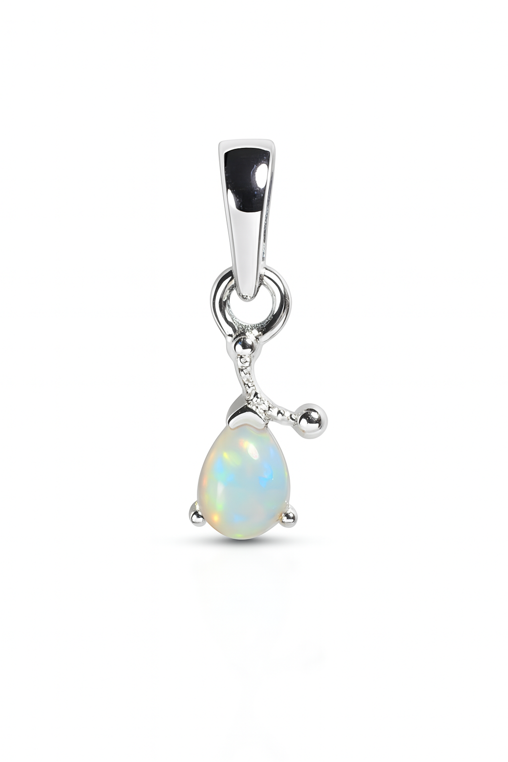 Himalya Quartz opal pendant necklace featuring a pear-shaped October birthstone cabochon in sterling silver.