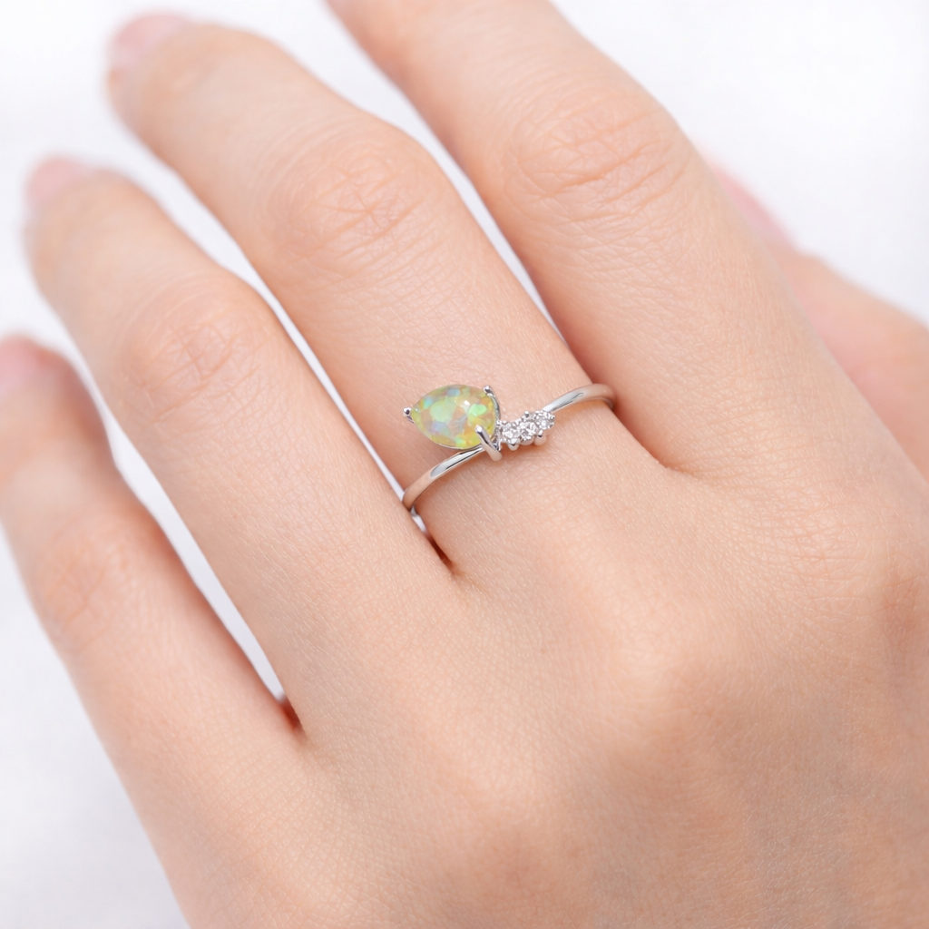 Natural Ethiopian opal zircon ring in 925 sterling silver with a pear-shaped gemstone, minimalist design for women by Himalya Quartz