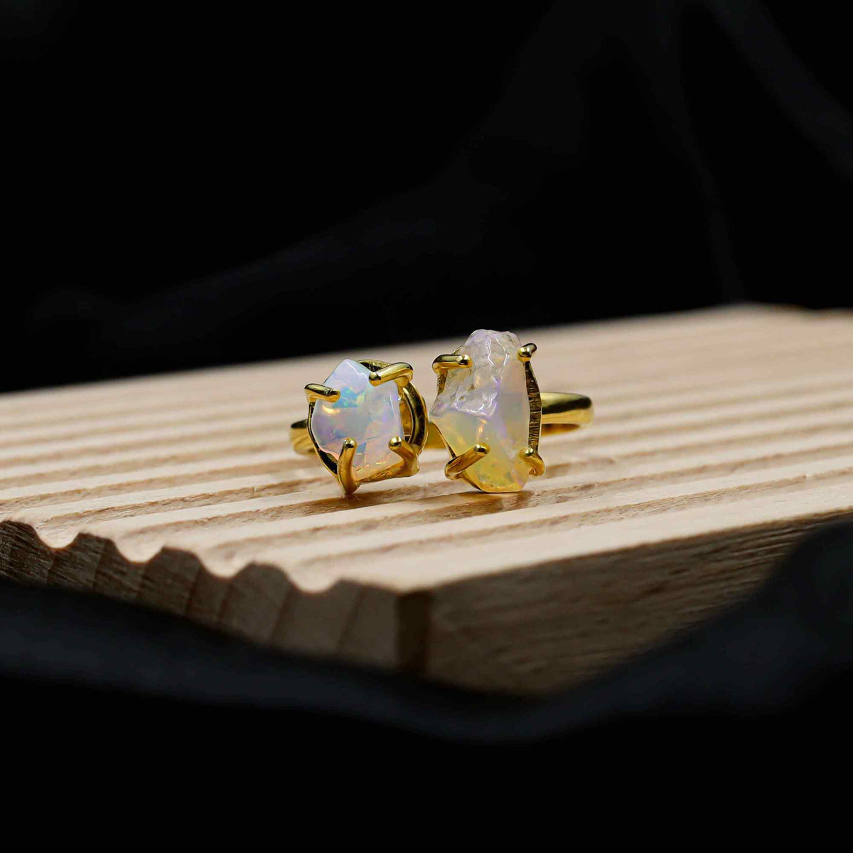 Raw Ethiopian Opal Two Stone Ring in 925 Sterling Silver Rough Gemstone Handmade October Birthstone Jewelry