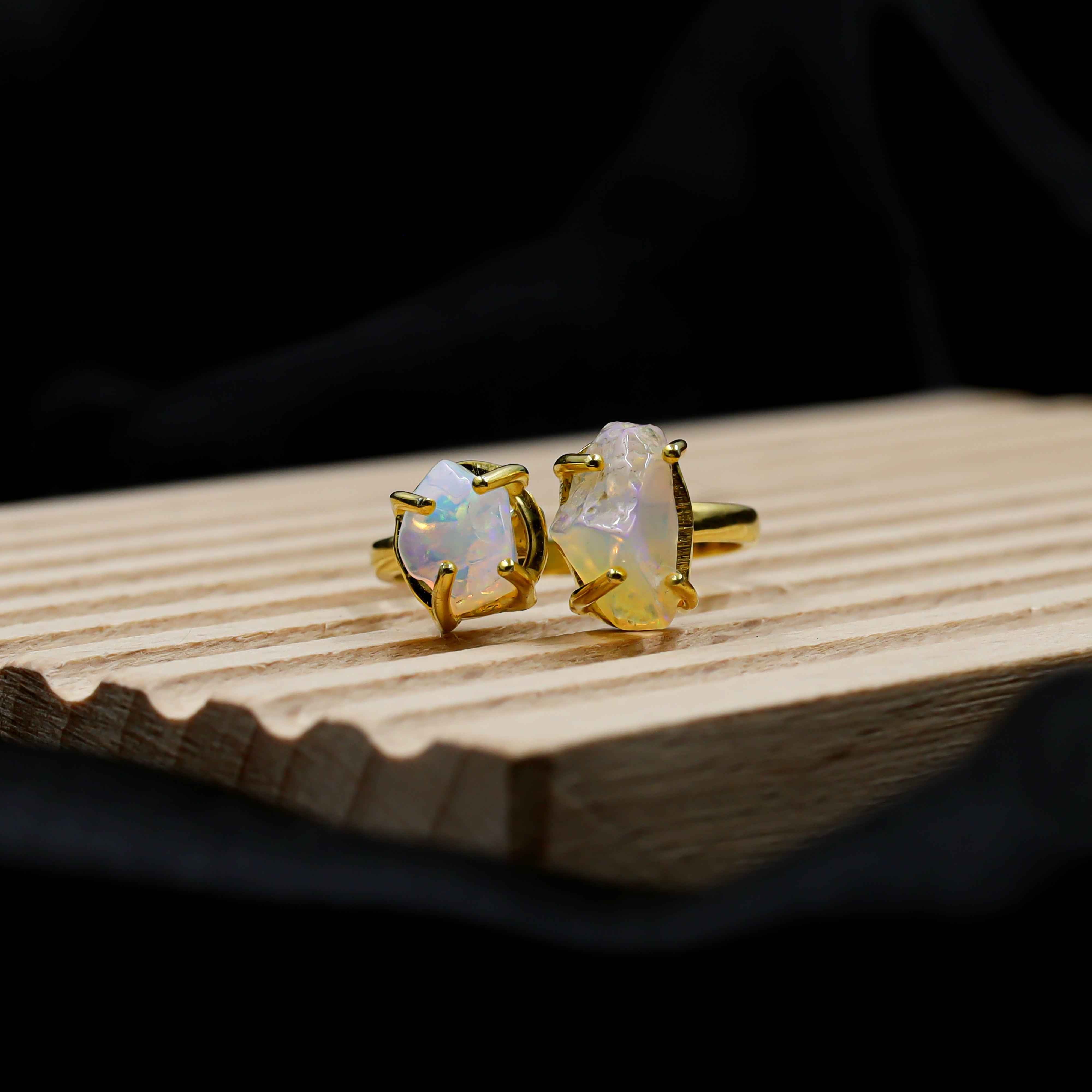 Raw Ethiopian Opal Two Stone Ring in 925 Sterling Silver Rough Gemstone Handmade October Birthstone Jewelry