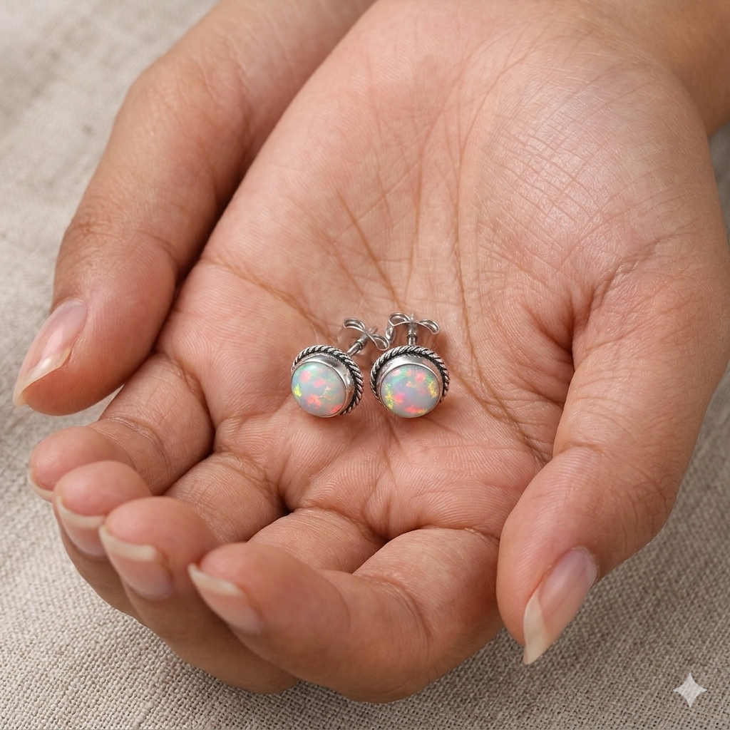 Natural opal 6mm round cabochon stud earrings in 925 sterling silver, featuring shimmering opal gemstones by Himalya Quartz.