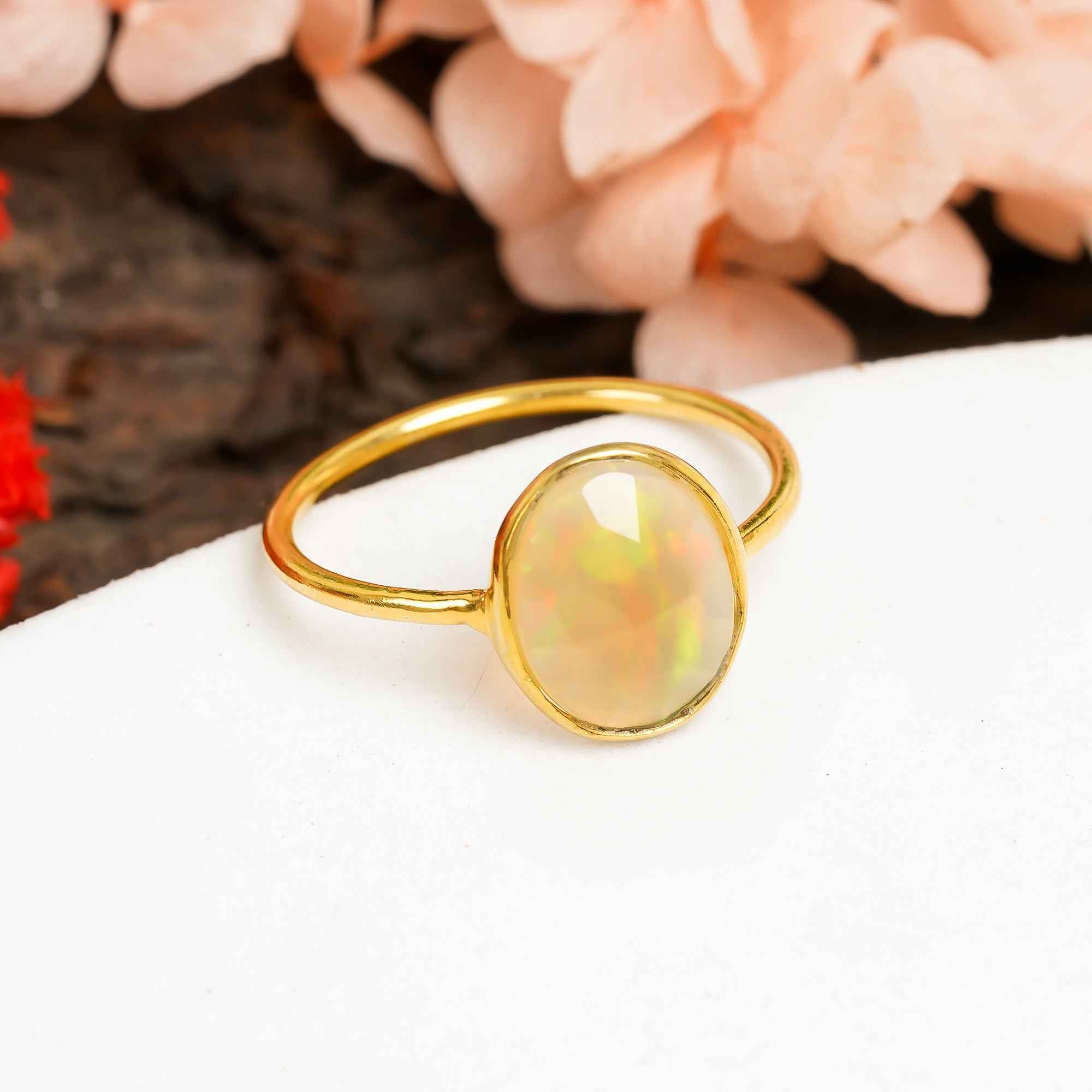 Ethiopian Opal Engagement Ring 925 Sterling Silver Natural Welo Opal Ring October Birthstone Jewelry