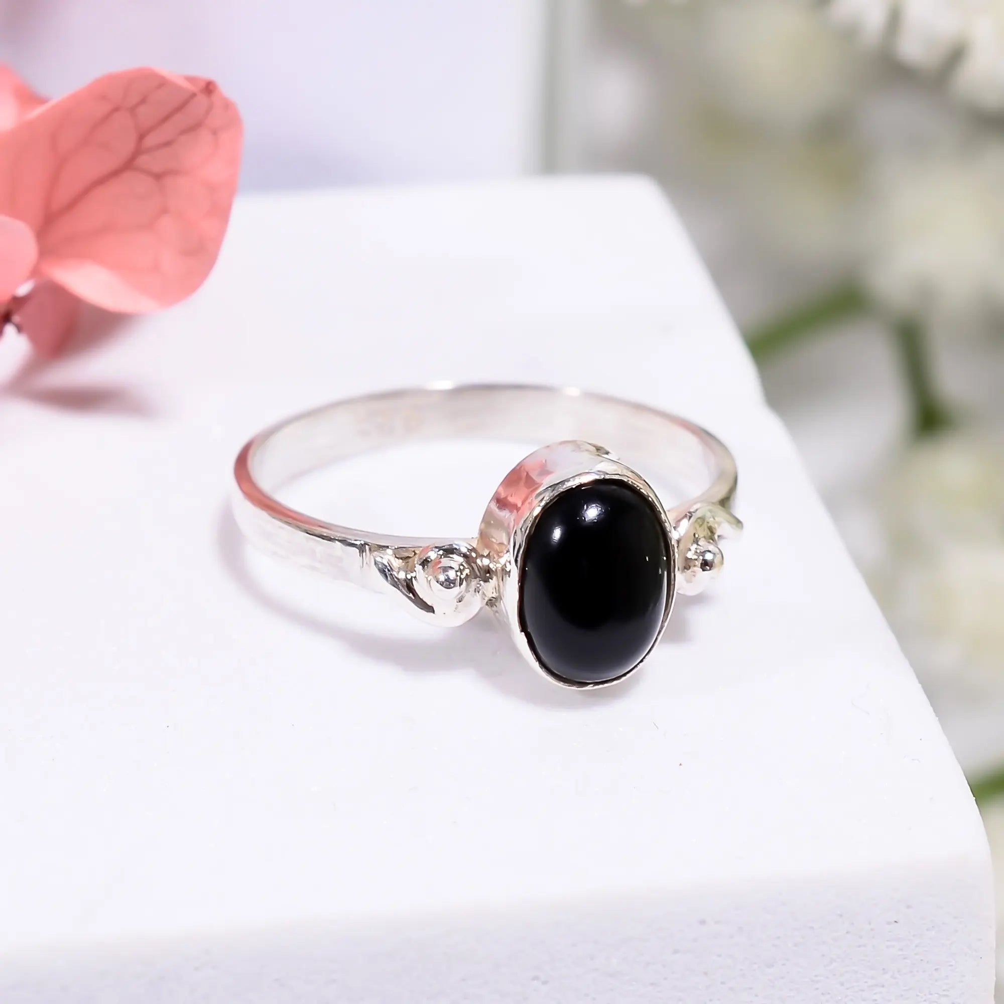 Black Onyx Rings 5x7 mm Oval Natural Stone Promise Ring in Sterling Silver
