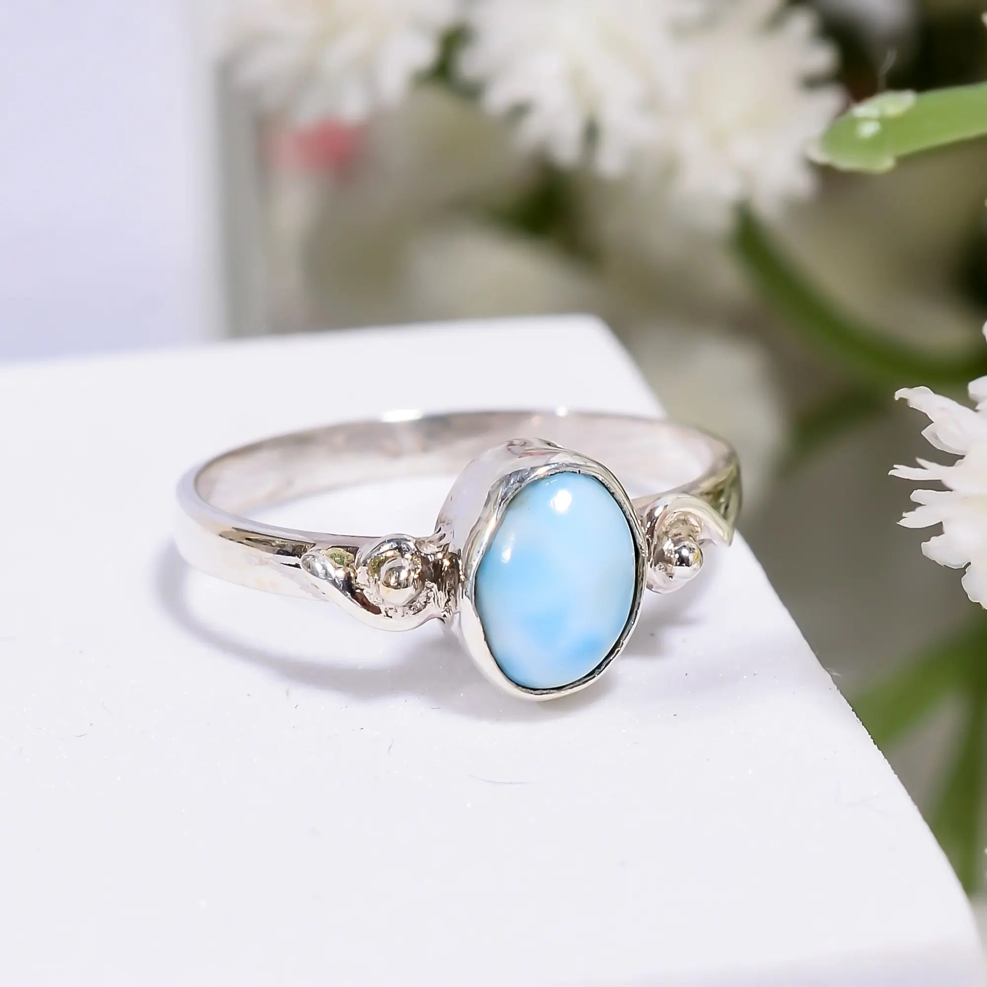 Bohemian Larimar Gemstone Ring for Wedding Gift - 925 Sterling Silver