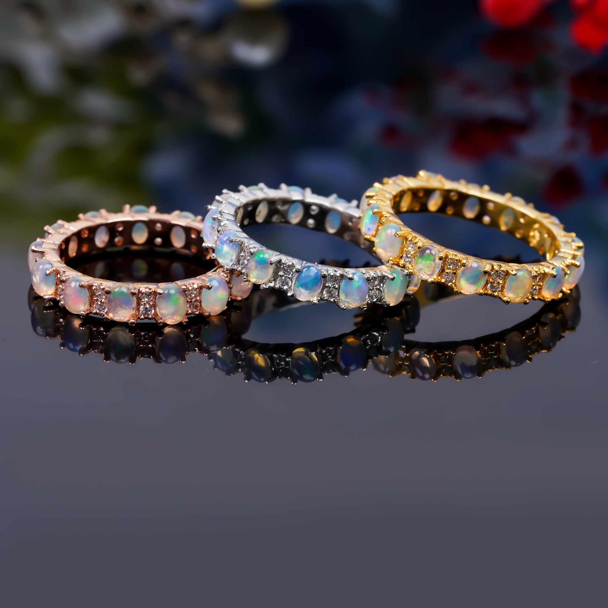 Ethiopian Opal Cluster Ring with 3x4mm oval opals in sterling silver, handmade jewelry by Himalya Quartz.