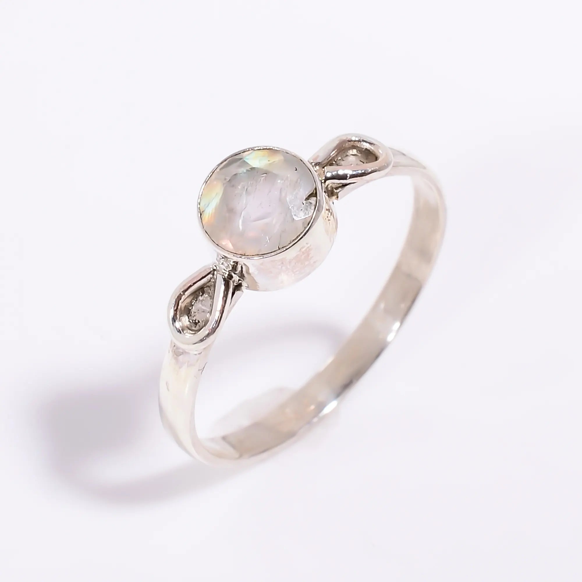 White Moonstone 6mm Round Gemstone Ring Handmade 925 Sterling Silver Ring
