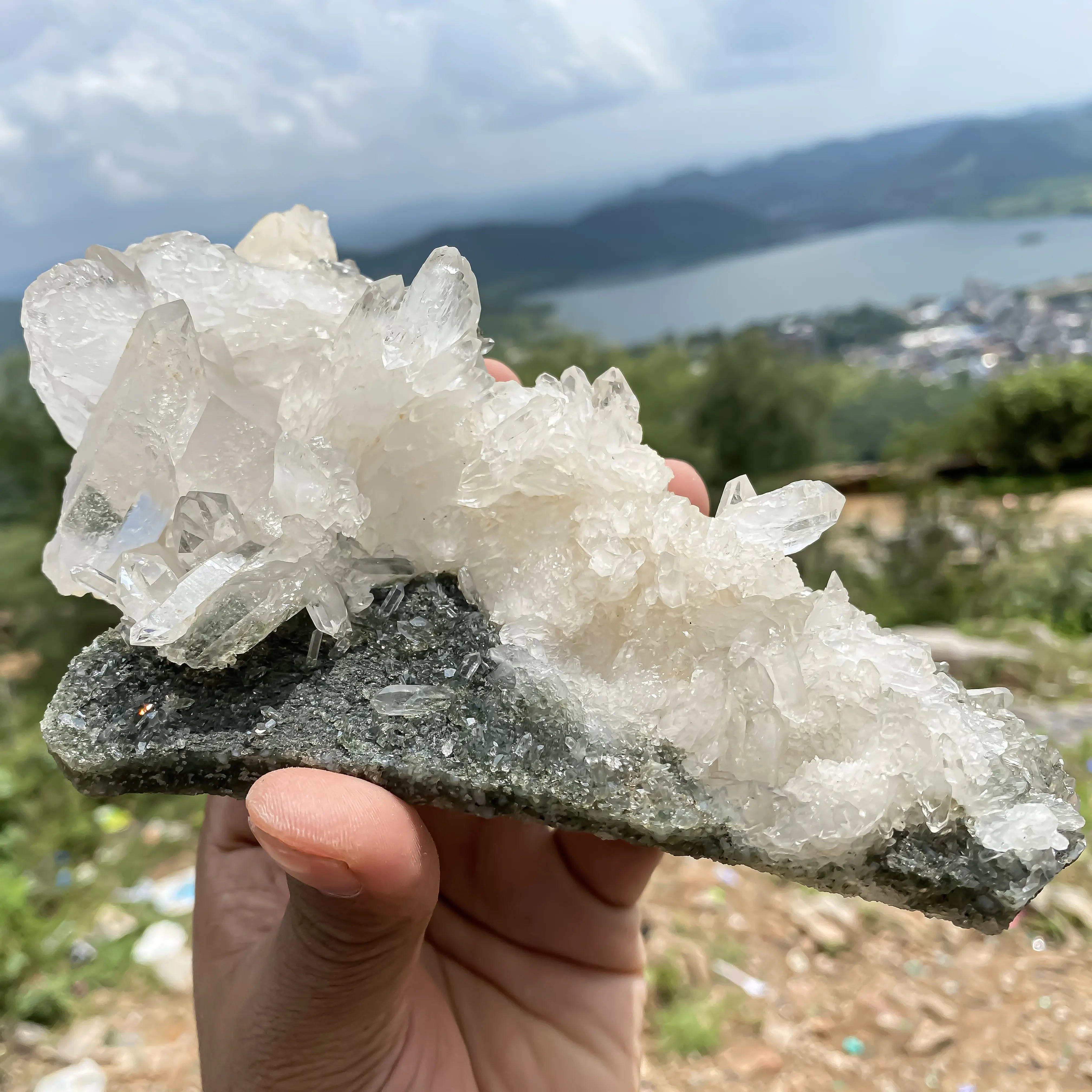 Natural Himalayan Green Chlorite Quartz Cluster – 635gm  Raw Healing Crystal