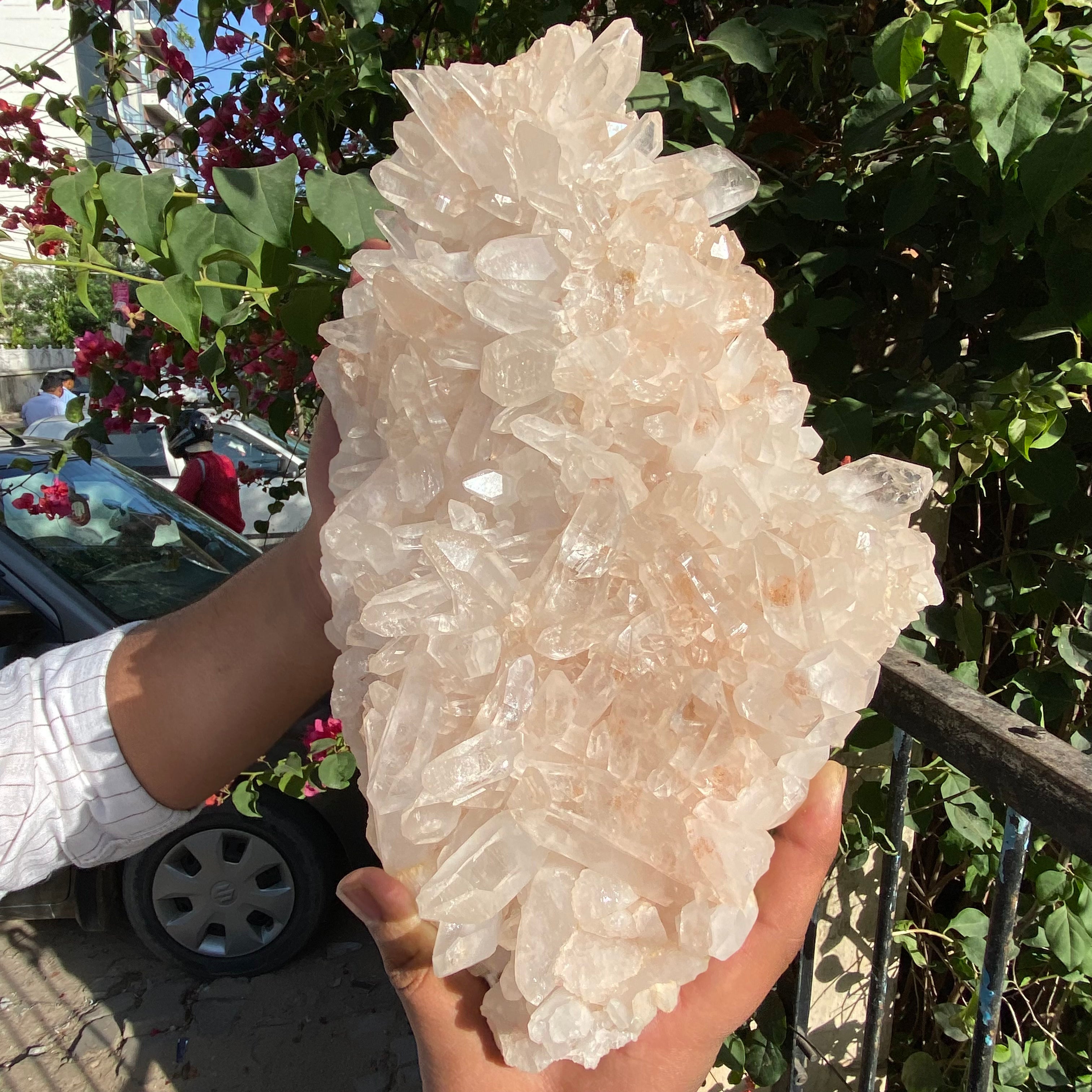 Large Himalayan Pink Quartz cluster with vibrant pink crystals, natural healing crystal for energy and balance by Himalya Quartz.