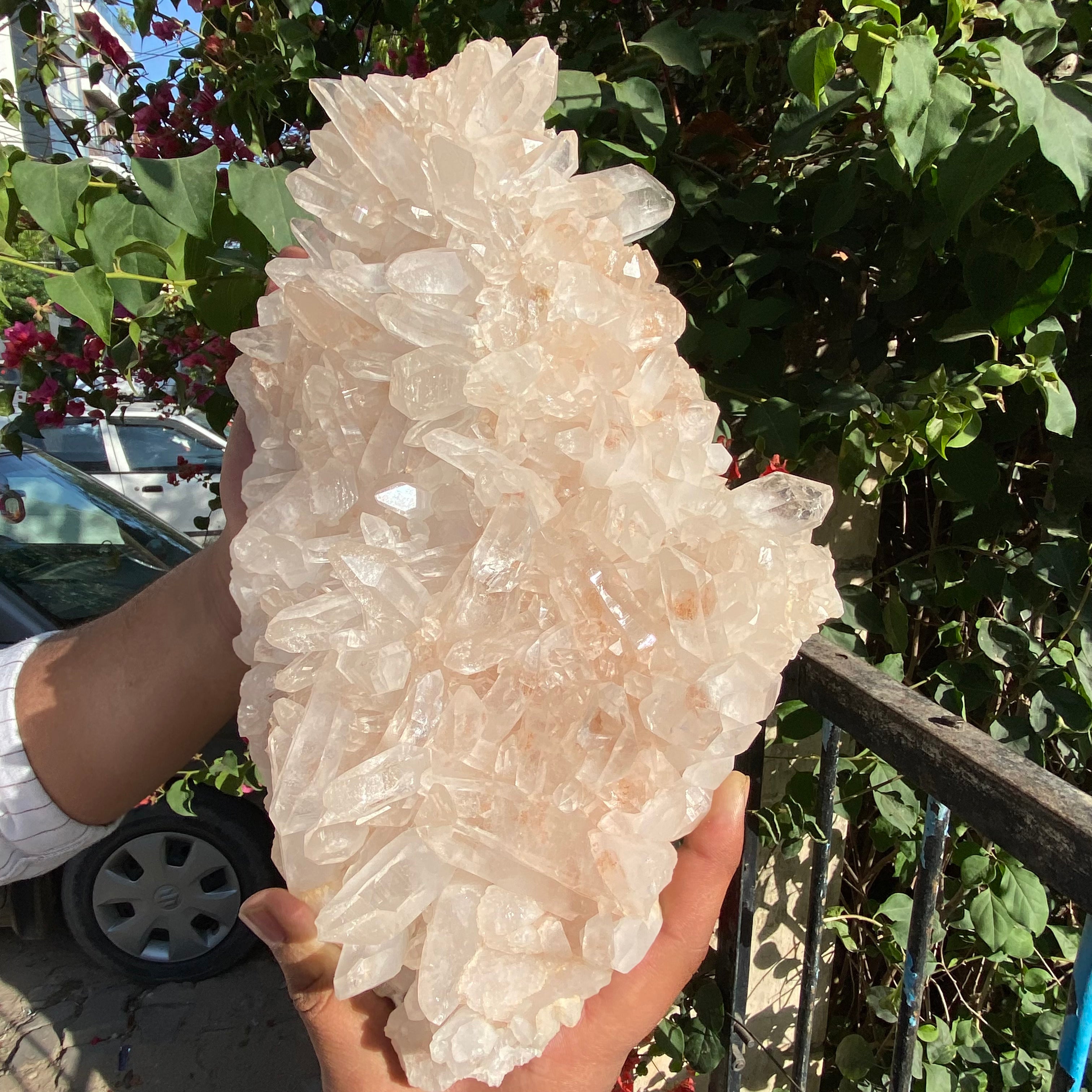 Large Himalayan Pink Quartz cluster from Himalya Quartz showing vibrant pink crystals and natural crystal formation.