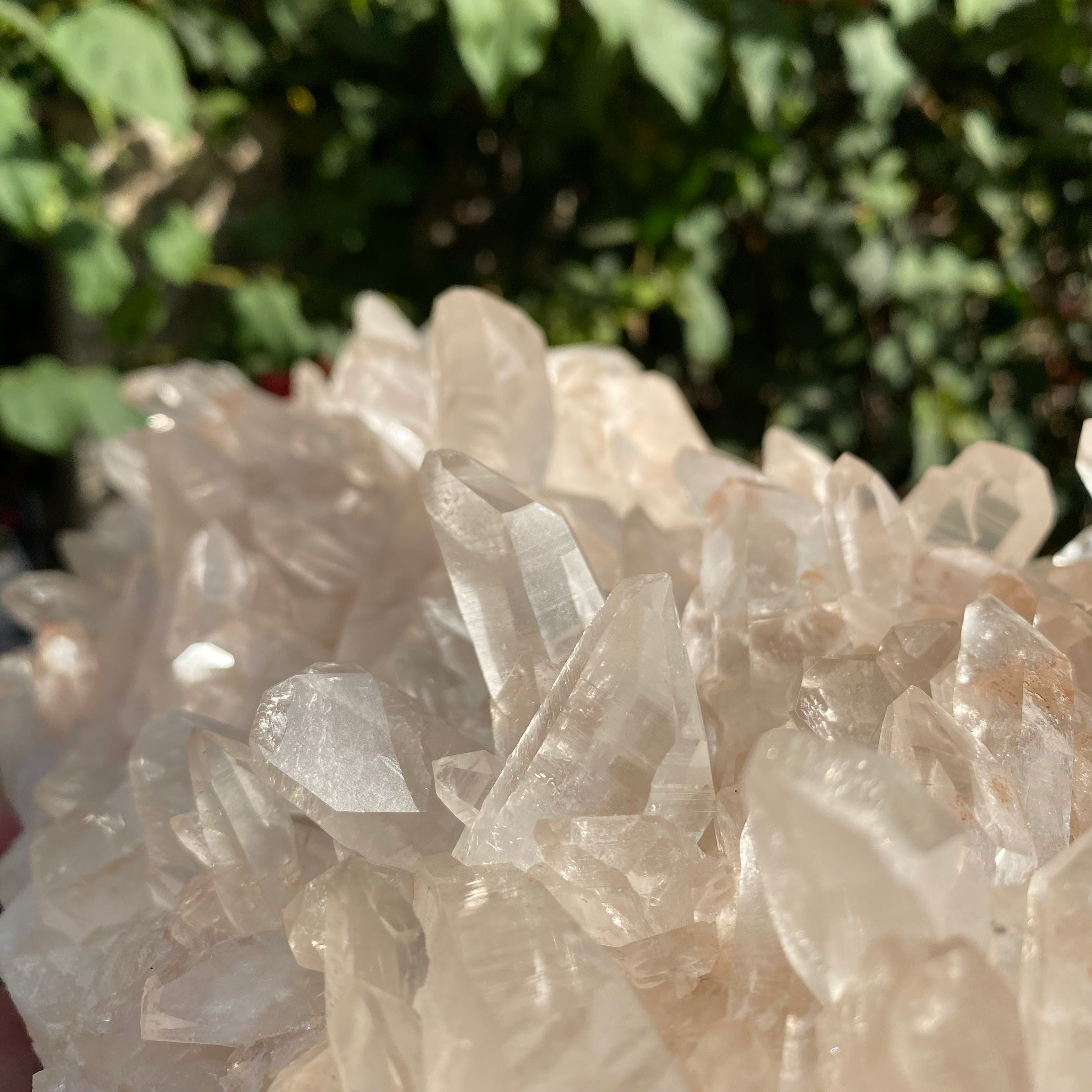 Large Himalayan Pink Quartz Cluster by Himalya Quartz, natural healing crystal with pink hues and textured mineral formations.