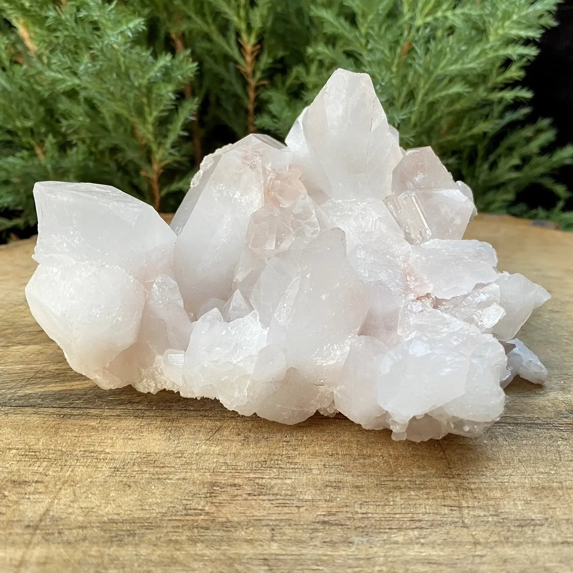 Pink Himalayan Quartz crystal cluster from Himalya Quartz, natural collector display with vibrant pink mineral formations.