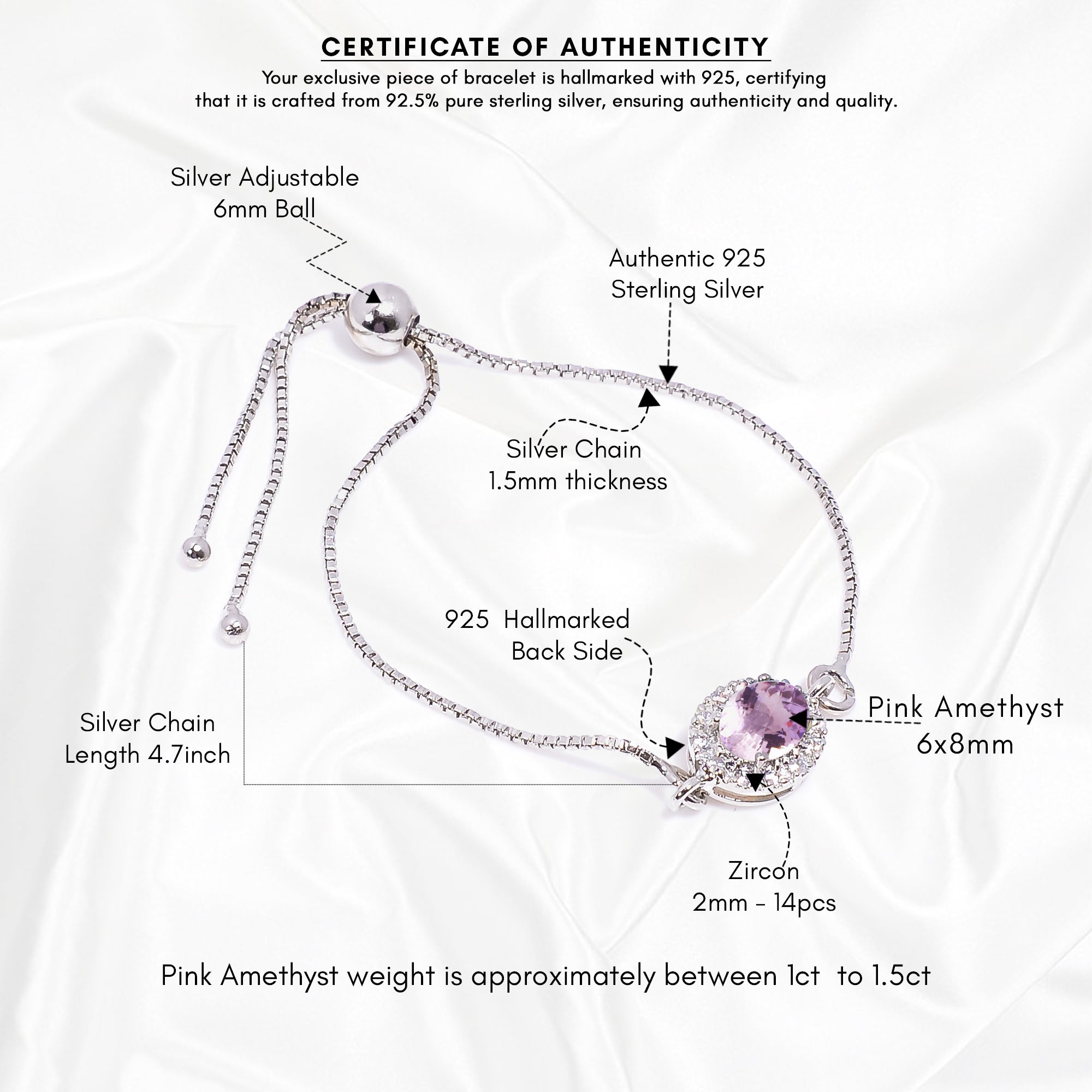 Pink Amethyst Silver Bracelet – Oval Cut 6×8 mm