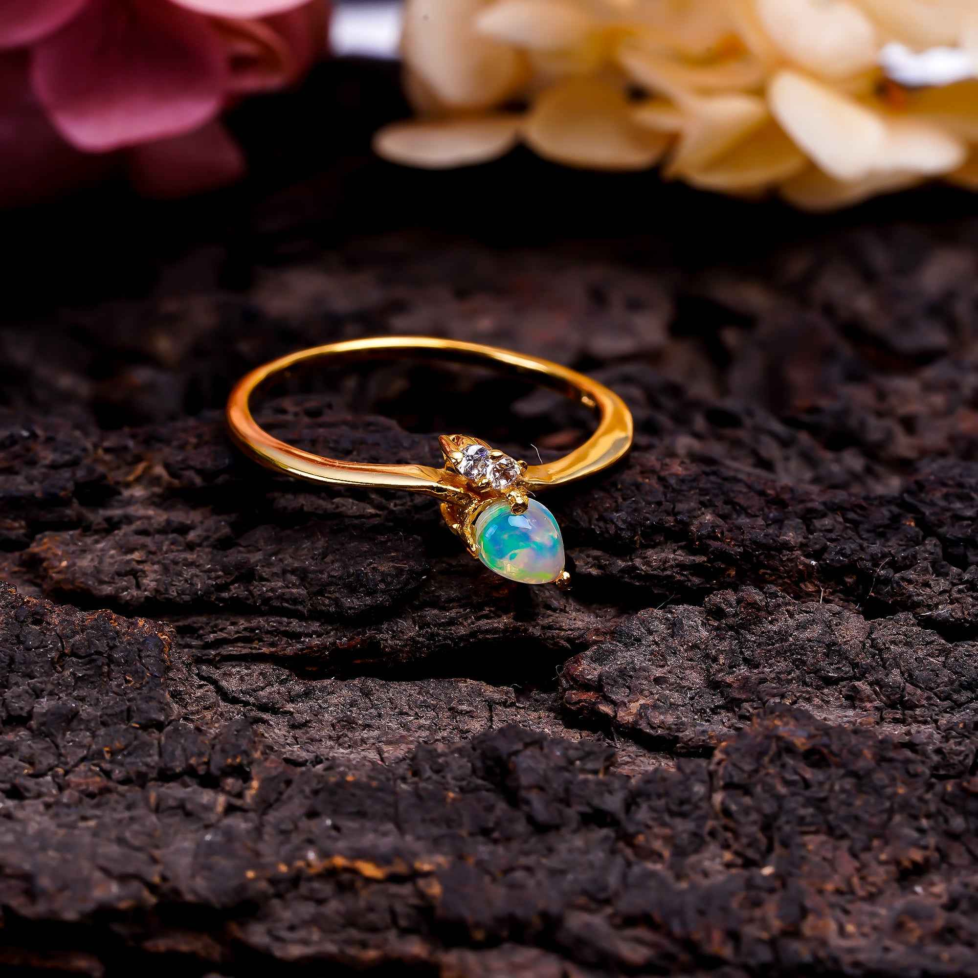 Natural Ethiopian Opal Zircon Ring in 925 Sterling Silver, Pear Cut Minimalist Gemstone Ring for Women